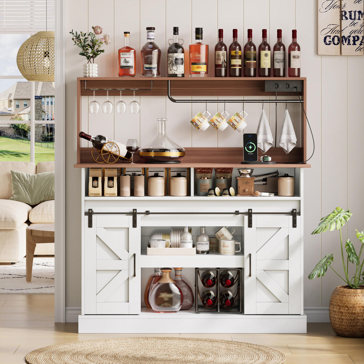 BUFFET Sideboard 120x40x130cm Weiß mit Steckdosen & Schiebetüren - Weiß, Holzwerkstoff (120/130/40cm) - Modfu