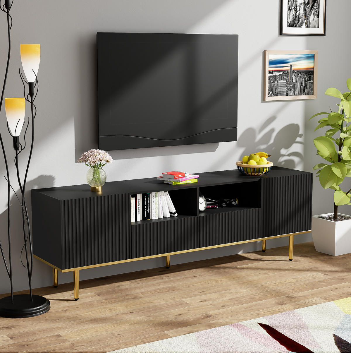 TV stolek 165/36/55 cm s úložným prostorem, zlatými detaily a bezúchytkovým otevíráním, Černá - černá, kompozitní dřevo (165/55/36cm) - Redom