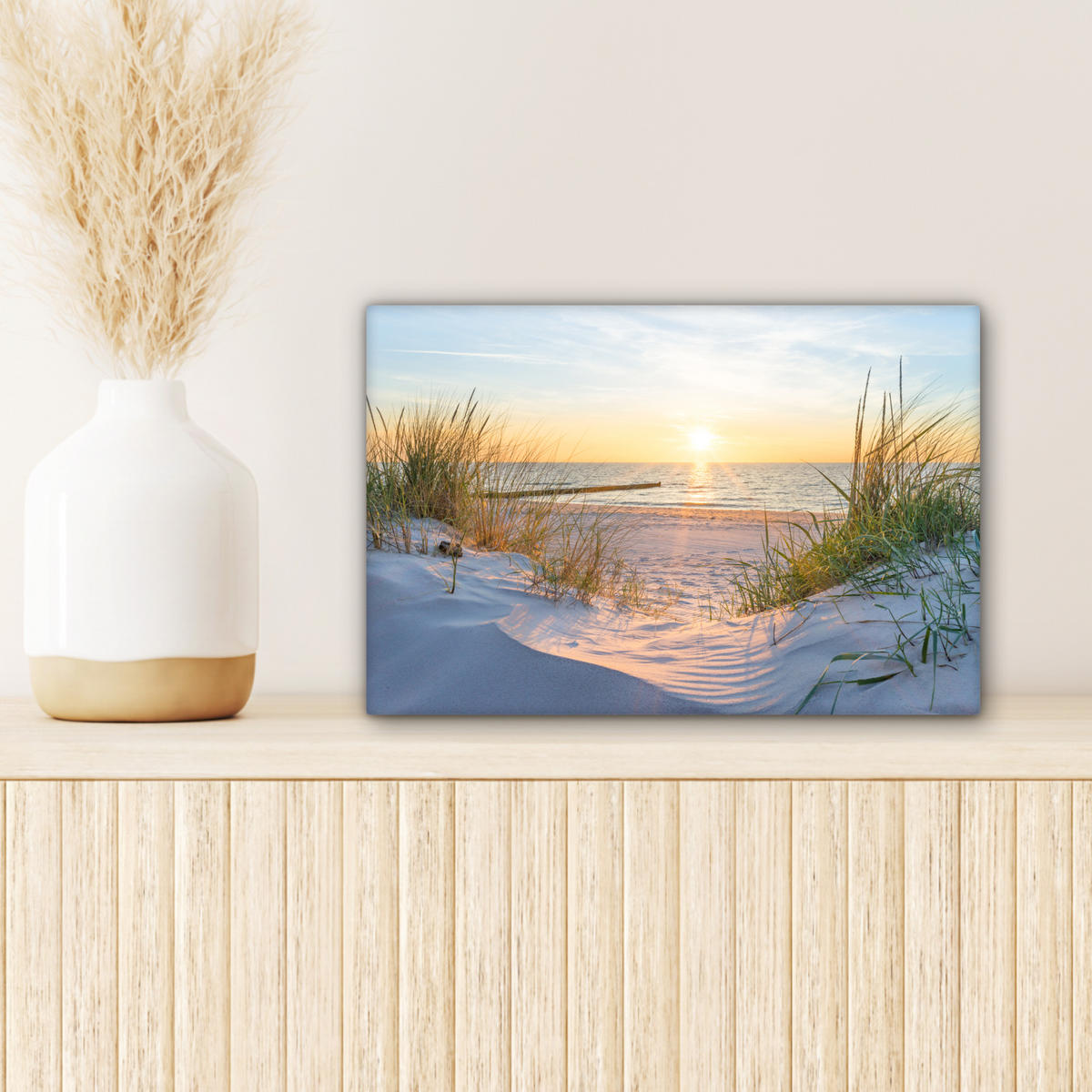 LEINWANDBILD Strand - Sonne - Düne - Gras - Sand - Horizont 30x20 cm - Hellblau, Textil (30/20cm) - MuchoWow