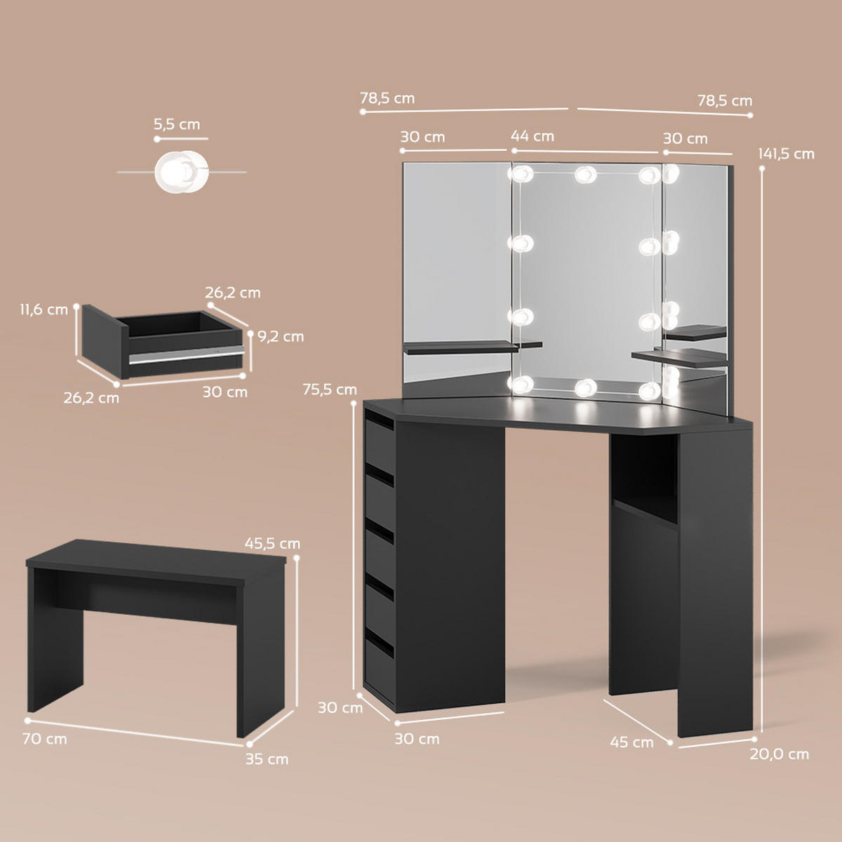 ECKSCHMINKTISCH Enna Schwarz 110 cm mit LED Beleuchtung und Bank - Schwarz, Holzwerkstoff (110/141.5/54cm) - Livinity®