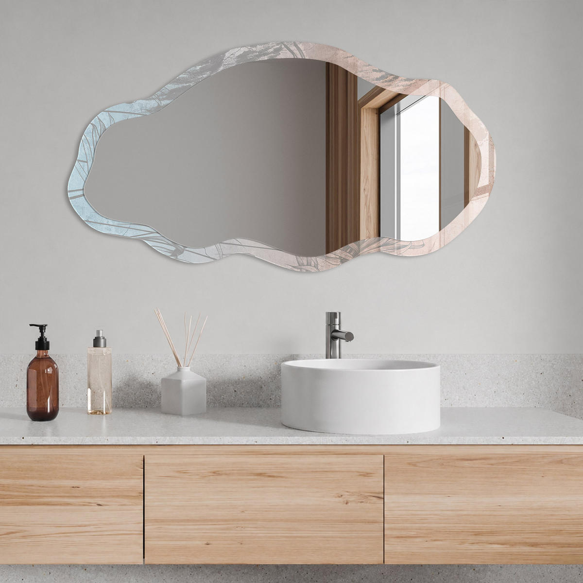 SPIEGEL 90x45 cm asymmetrisch mit Druck - Pflanzenrelaxation - Transparent, Glas (45/90/0.4cm) - TULUP