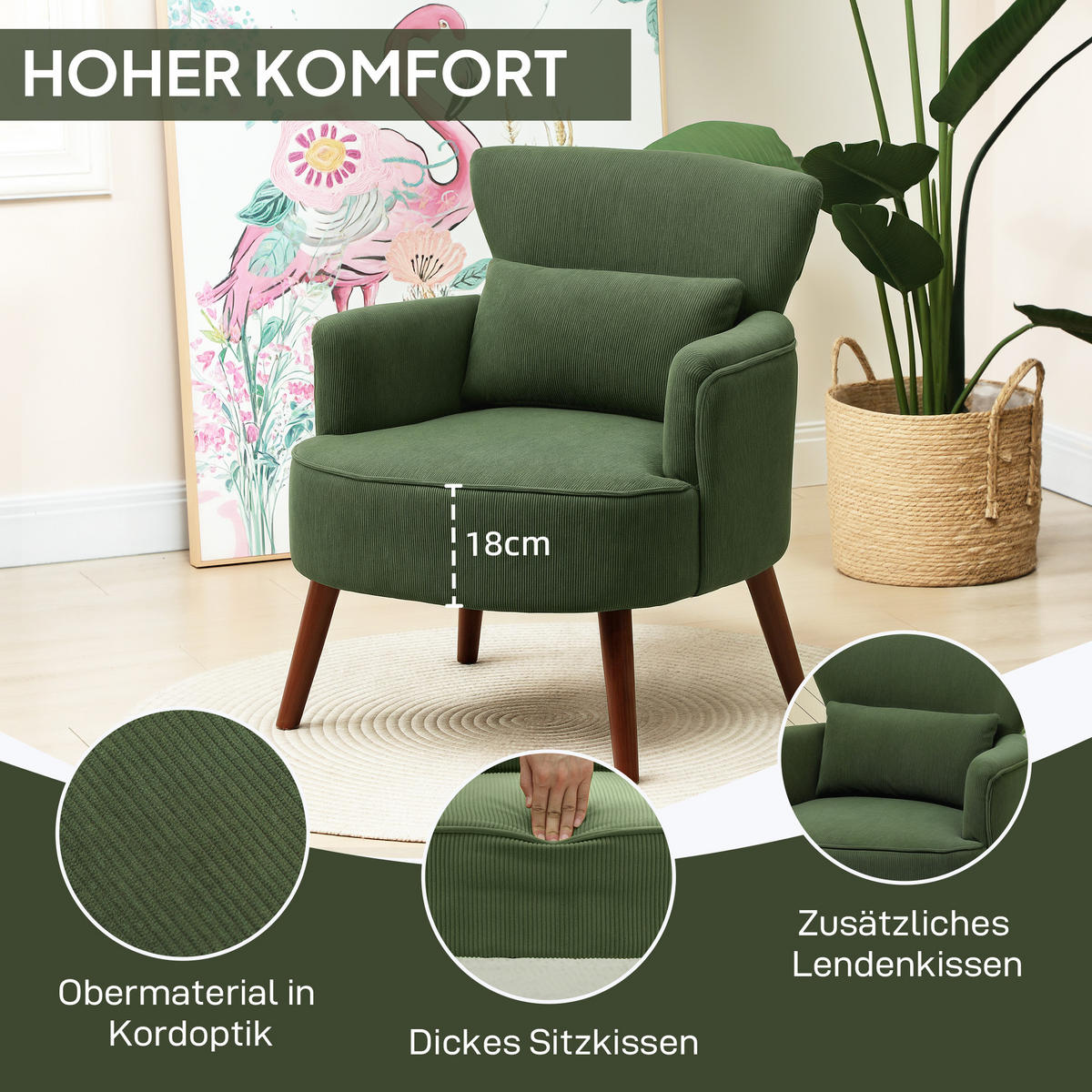 SESSEL Loungesessel mit Armlehnen, Relaxsessel mit Kissen Cordoptik Grün - Braun/Grün, Textil (69/78/69.5cm) - HOMCOM