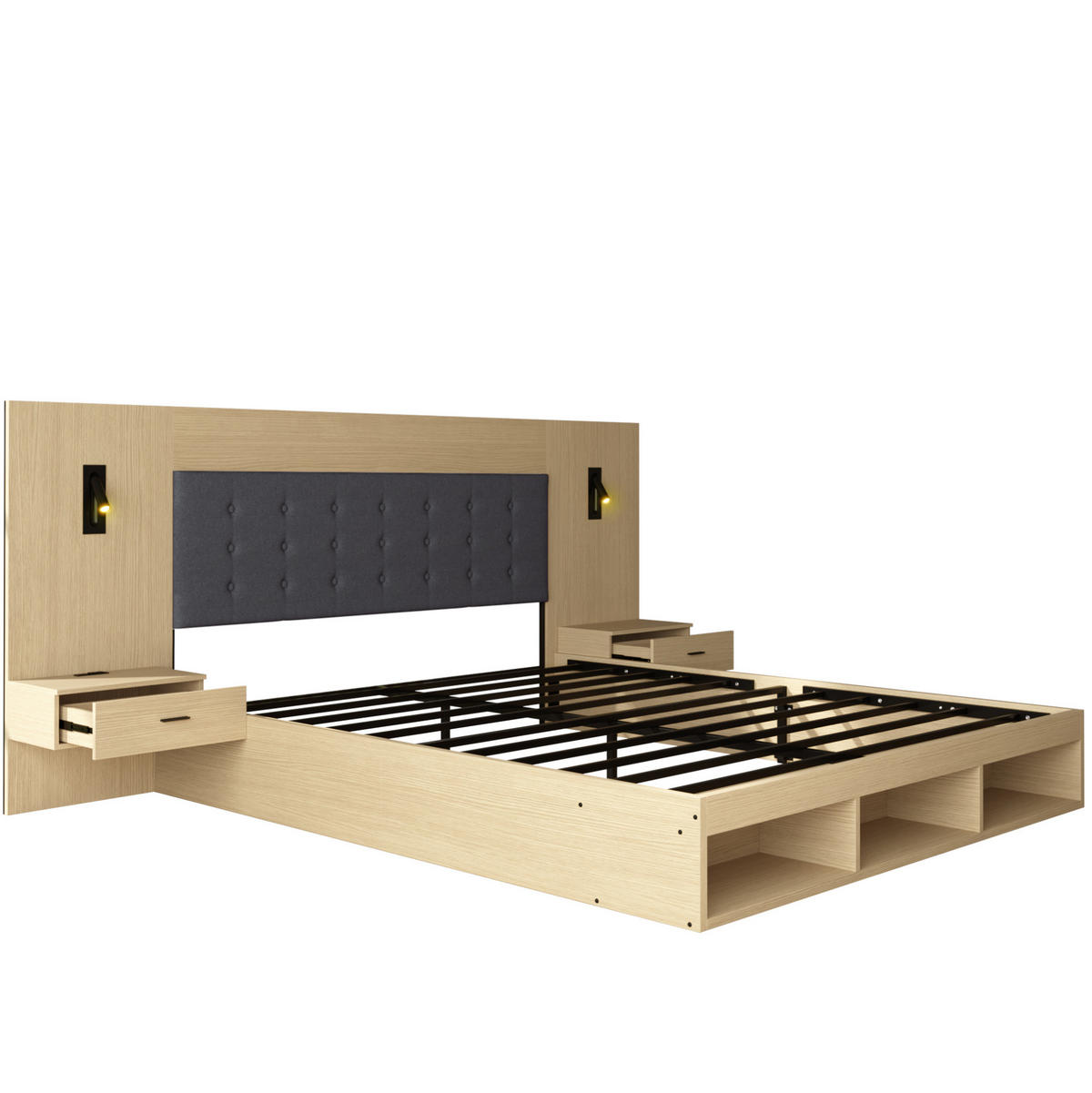 DOPPELBETT aus MDF 160x200 cm Helle Eiche mit USB-/Type-C-Anschluss, Leselampen, 2 Nachttischen und Stauraum - Eichefarben, Holzwerkstoff (140/200cm) - Modfu
