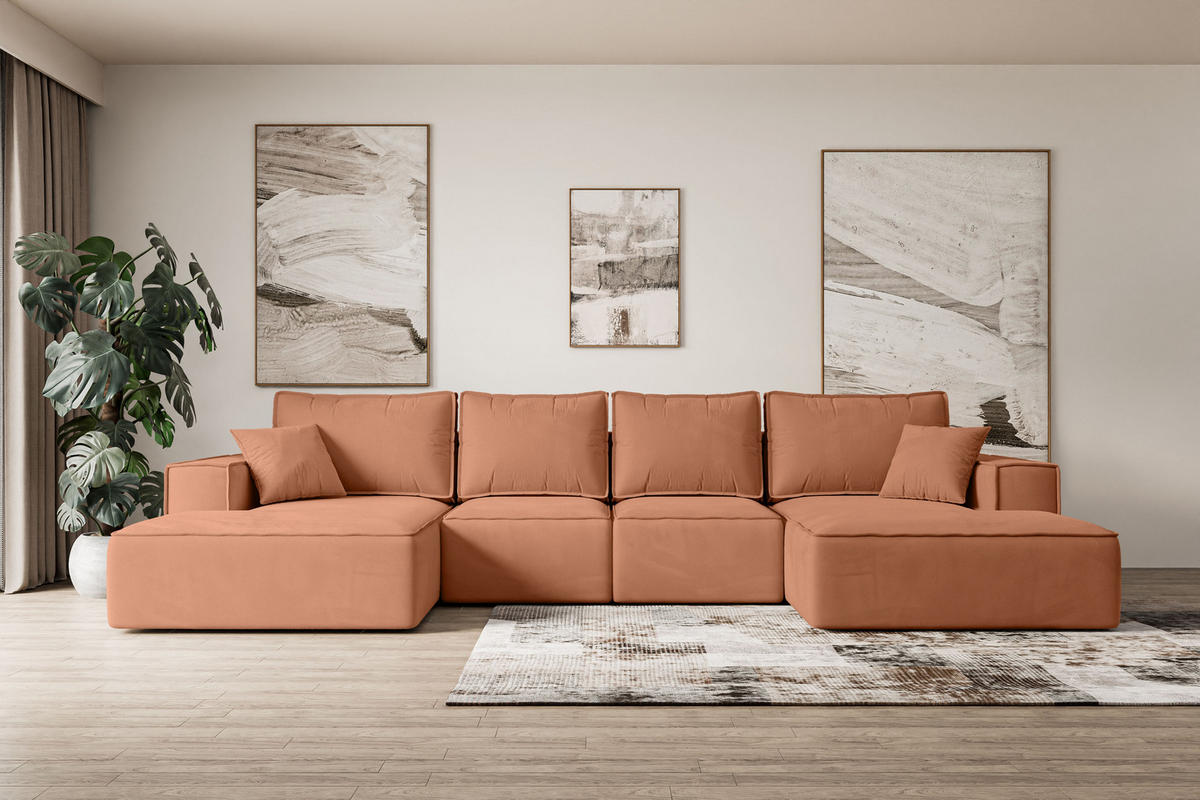 WOHNLANDSCHAFT mit Schlaffunktion und Bettkasten SIERRA-U-S - 349x161x87 cm Apricot Velours - Koralle/Schwarz, Holzwerkstoff/Kunststoff (349/87/161cm) - ALTDECOR