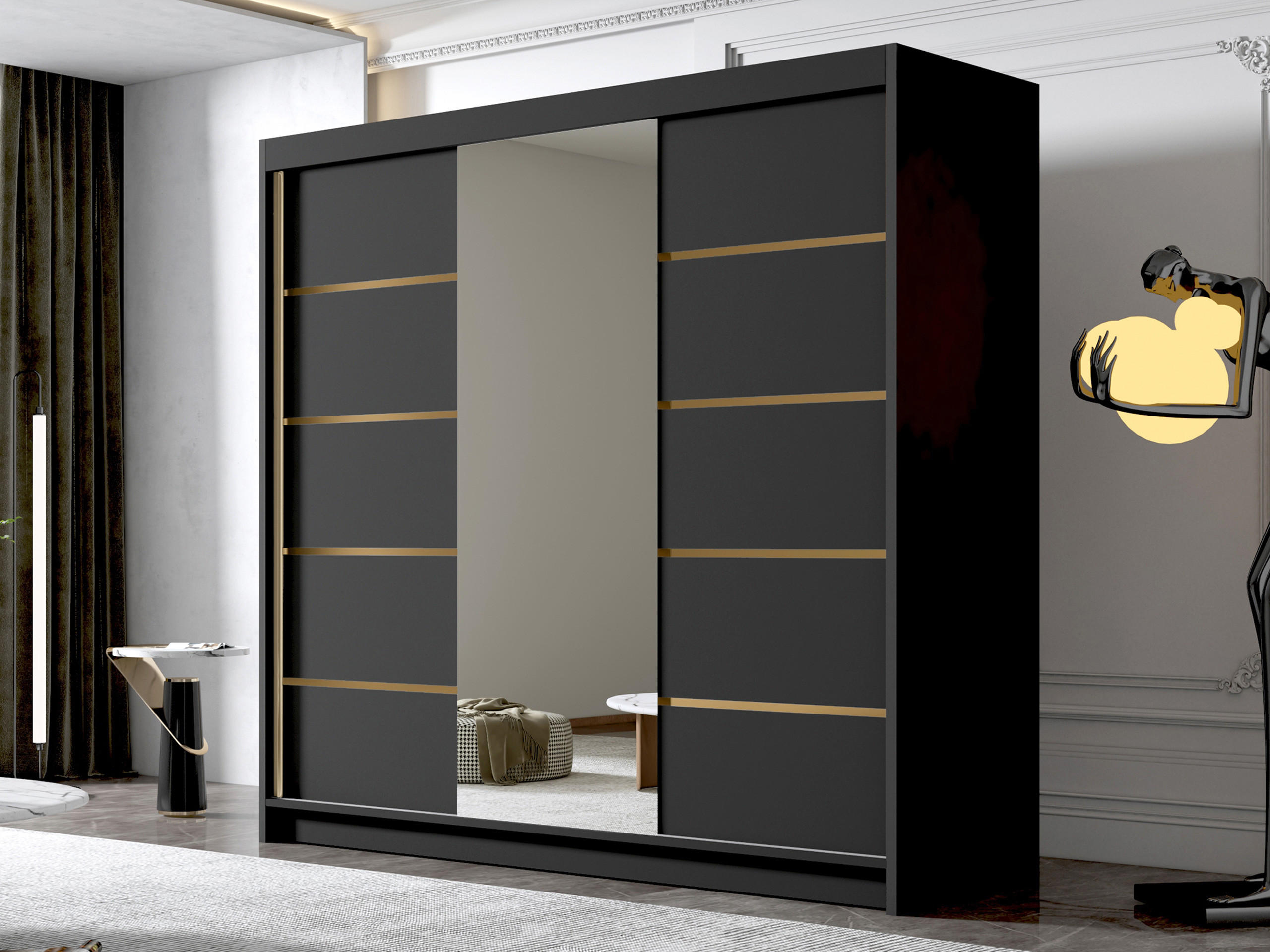 SCHIEBETÜRENSCHRANK Evo VI - Goldfarben/Schwarz, Holzwerkstoff/Metall (200/215/58cm) - MIRJAN24