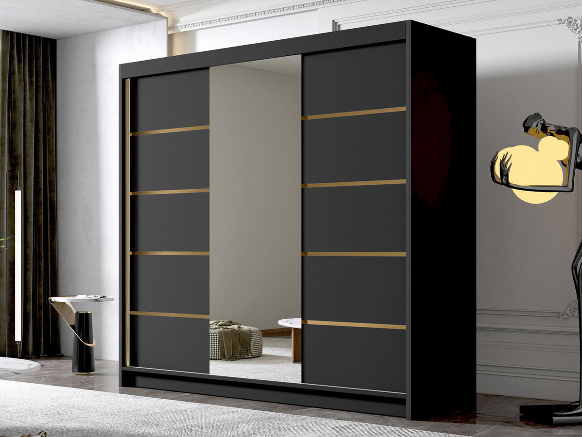 SCHIEBETÜRENSCHRANK Evo VI - Goldfarben/Schwarz, Holzwerkstoff/Metall (200/215/58cm) - MIRJAN24