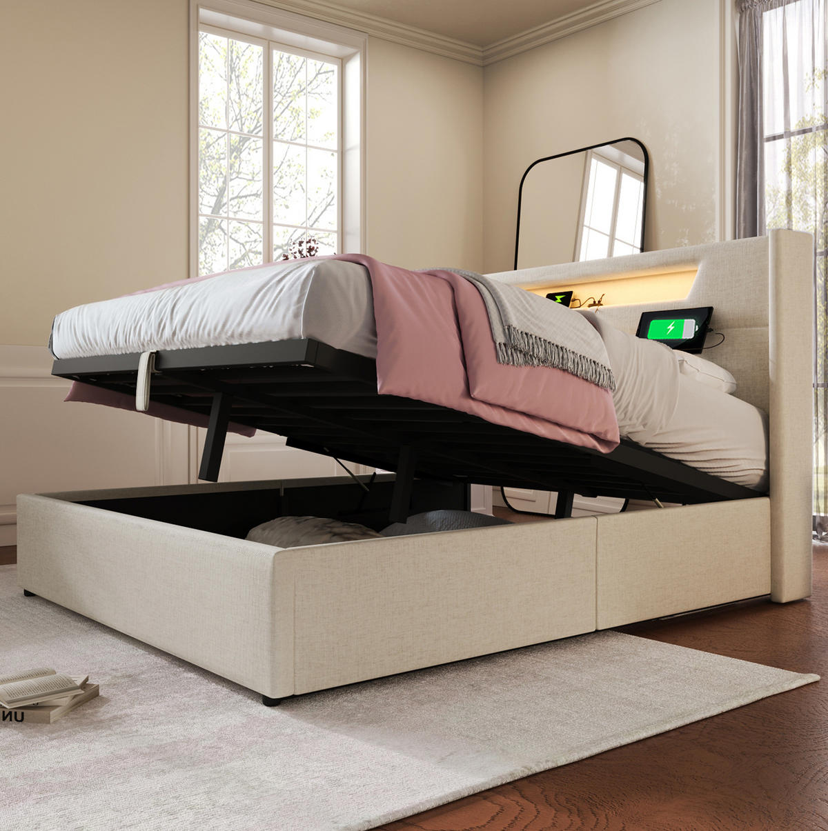 POLSTERBETT 160/200 cm mit LED-Beleuchtung, USB- und Type-C-Anschluss sowie Bettkasten, Beige - Beige, Textil (160/200cm) - Redom