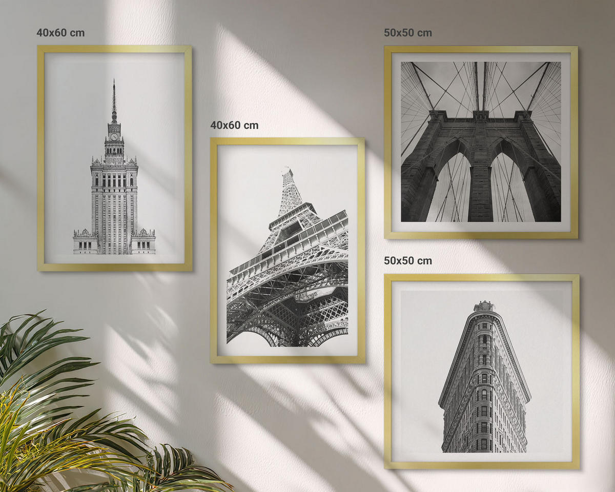 WANDBILDER 4er Set - 50x50 cm & 40x60 cm Goldrahmen - Architektur Schwarz-Weiß-Minimalismus - Goldfarben, Kunststoff (50/50cm) - ArtPrintCave