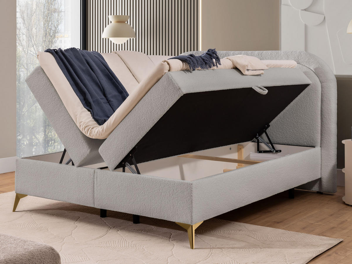 BOXBETT Sonna 140/200 cm Hellgrau Bouclé-Stoff mit abgerundetem Kopfteil und mit goldenen Metallfüßen - Goldfarben/Hellgrau, Holz/Textil (140/200cm) - S-Style Möbel