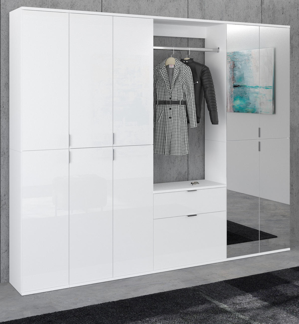 GARDEROBENSCHRANK weiß Hochglanz 213 cm mit Spiegel, Flurgarderobe - Chromfarben/Weiß Hochglanz, Glas/Holzwerkstoff (213/193/34cm) - Inn.Furn