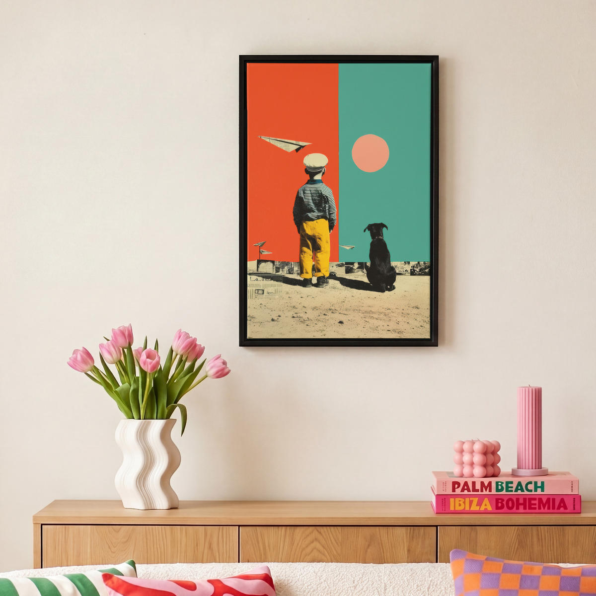 LEINWAND Bilder mit Rahmen - Retro - Junge - Hund - Rot - Grün - 20x30 - Orange, Textil (20/30cm) - MuchoWow