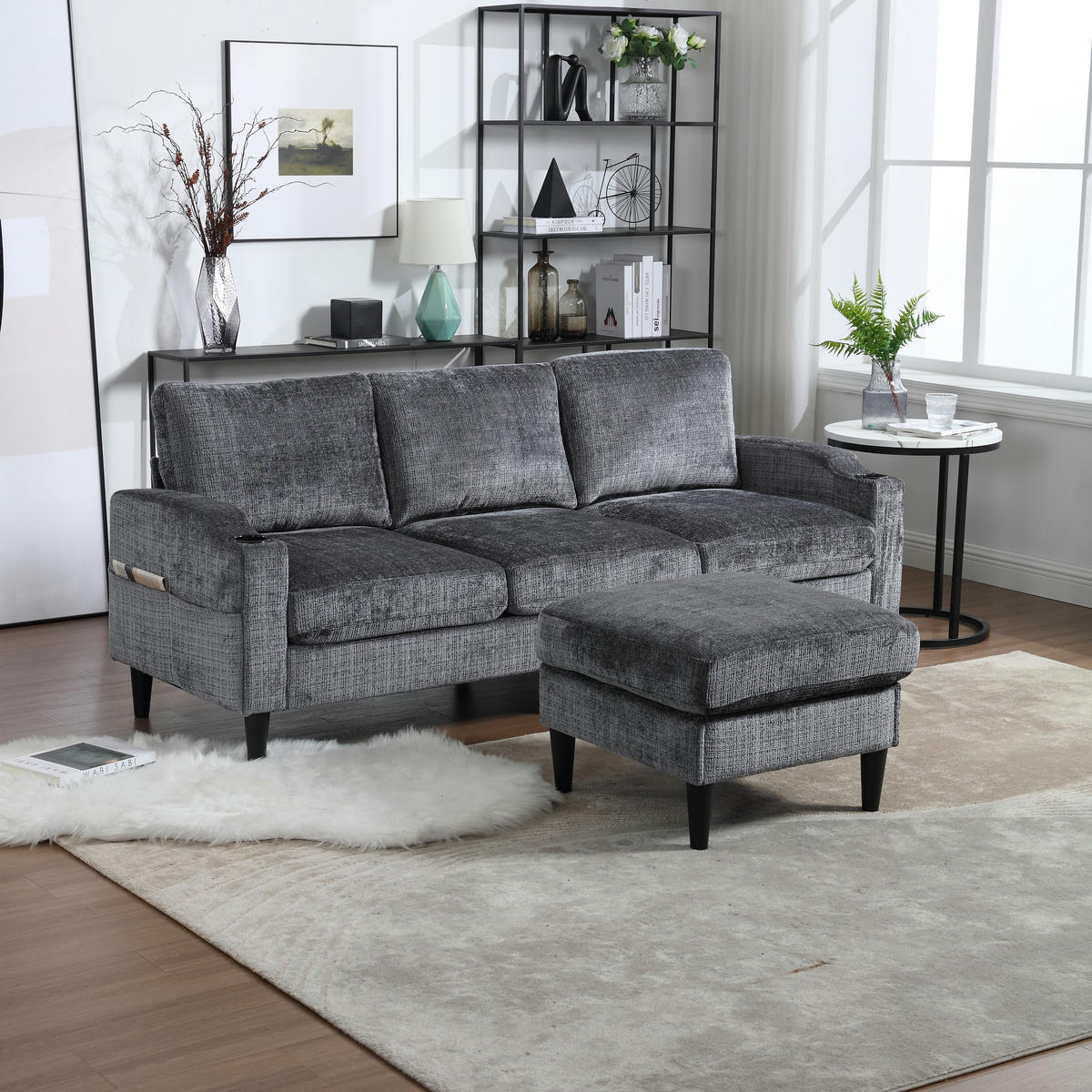 ECKSOFA 163/121/66 cm Grau mit 1 Aufbewahrungshocker, Aufbewahrungstasche und Getränkehalter - Grau, Textil (196.5/75cm) - Oxeza