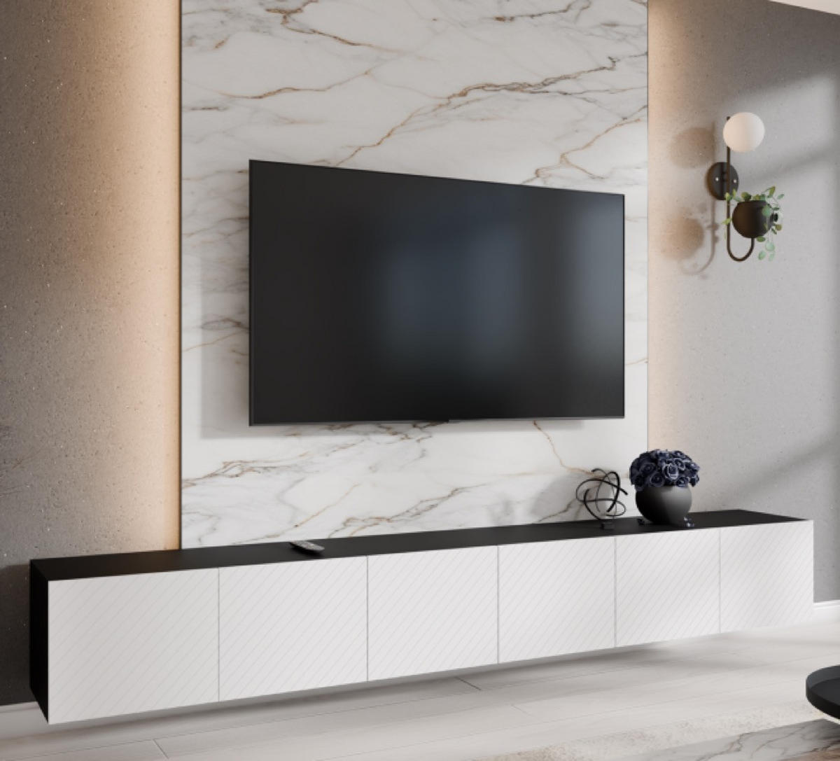 TV-LOWBOARD Weiß Schwarz NIKOL 300 Gefräste Fronten Geschlossen - Weiß, Holzwerkstoff (300/41/40cm) - Sepro Meble