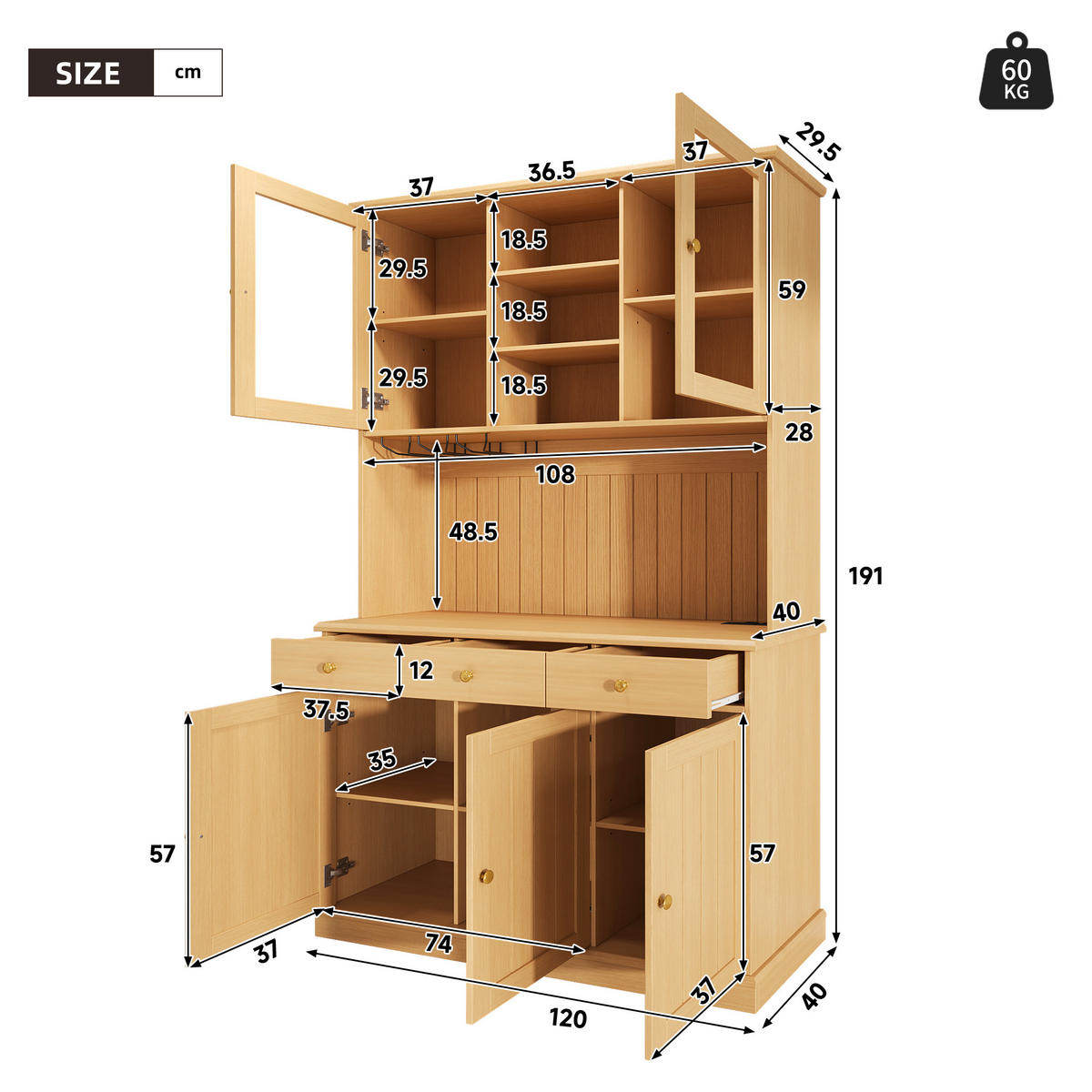 BUFFETSCHRANK DE-38594 120/40/191 cm Glastüren und integrierte Steckdose Natur - Naturfarben, Holzwerkstoff (120/191/40cm) - ComfortXL