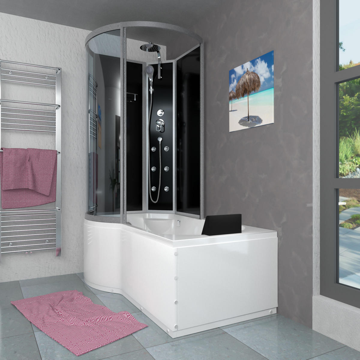 DUSCHKABINE mit Wanne K50-R30-EC Schwarz 100x170 - Schwarz, Glas/Kunststoff (98/170/225cm) - AcquaVapore by Sandra Jentho