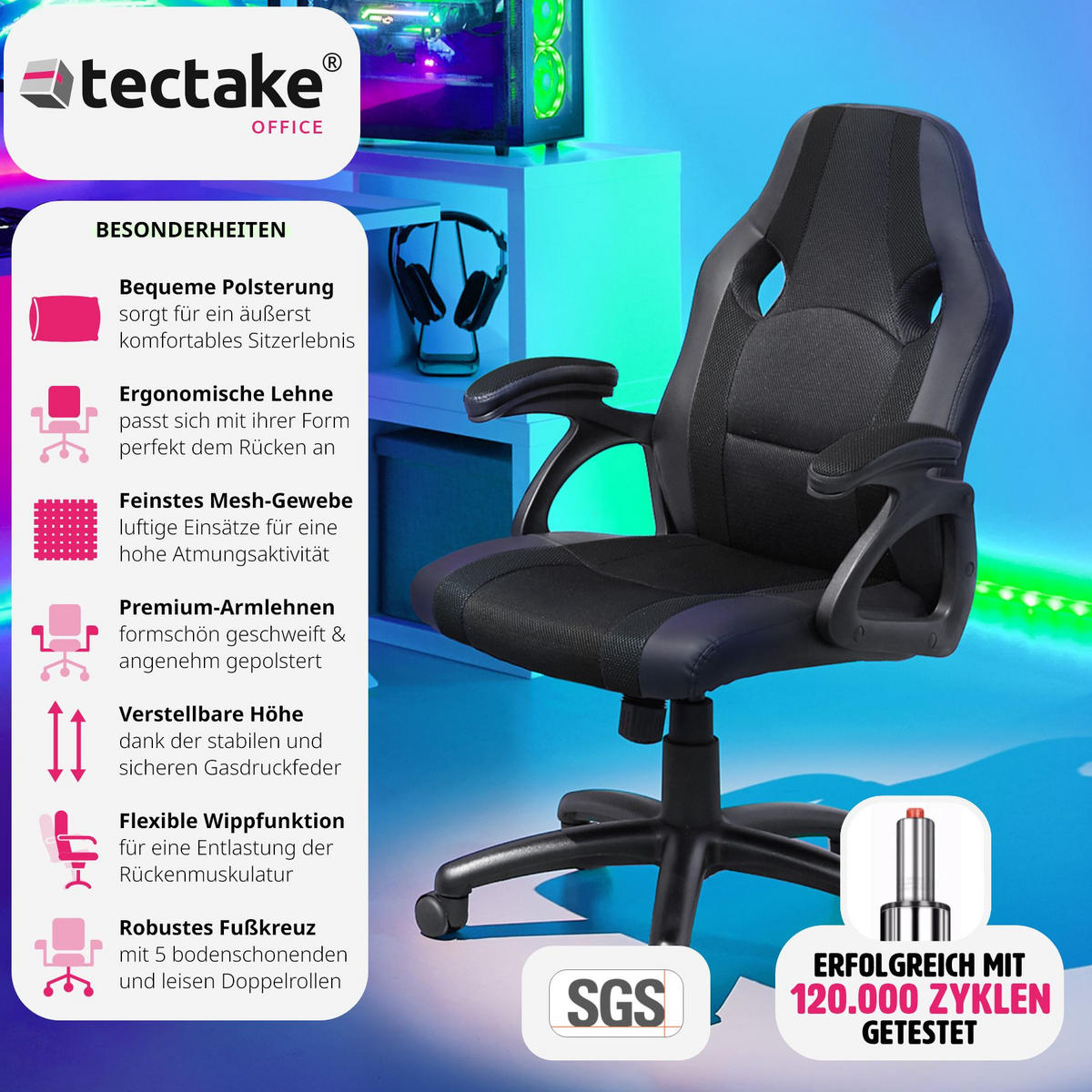 BÜROSTUHL Benny, stufenlos höhenverstellbar, schwarz - Schwarz, Textil (68/114.5/69cm) - tectake