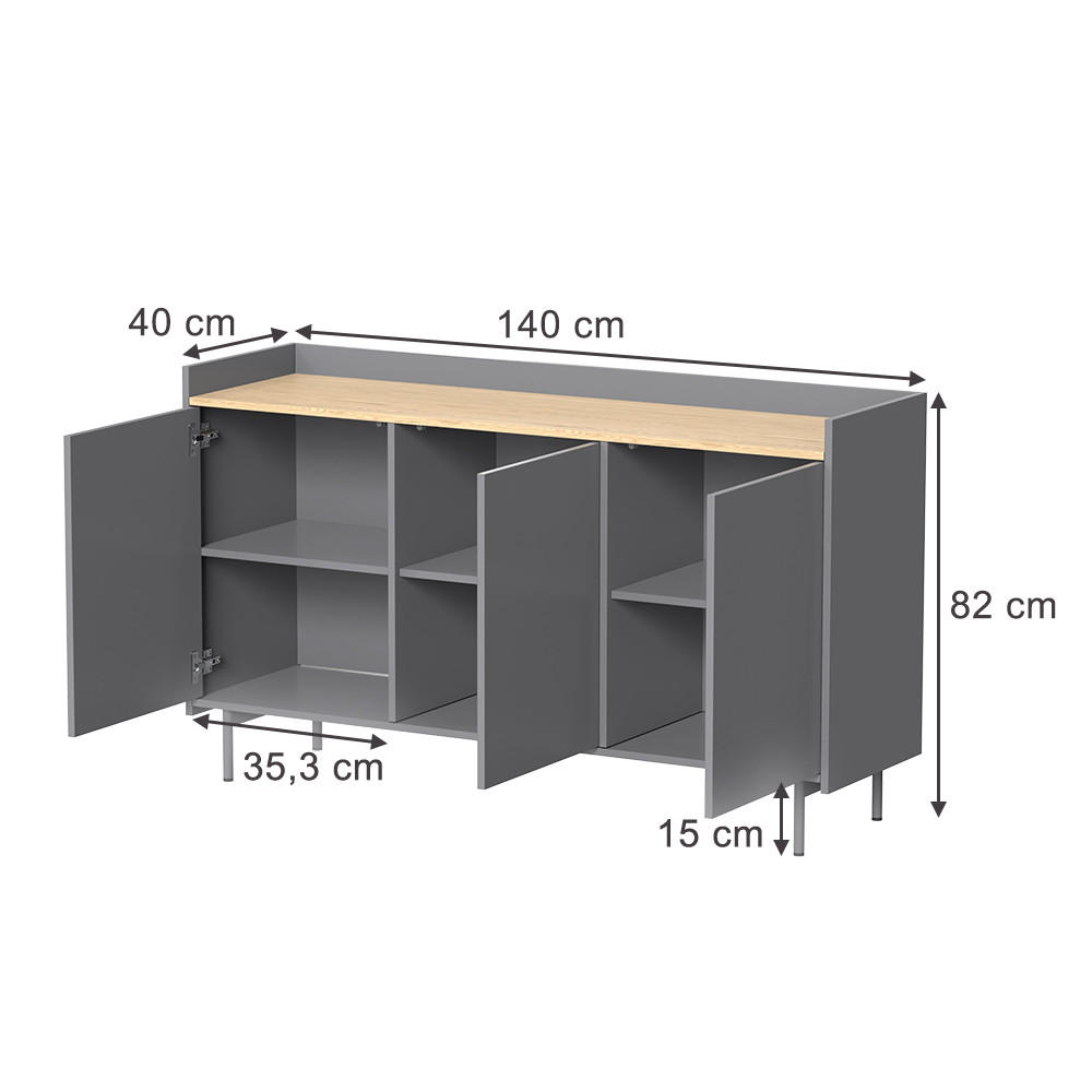 KOMMODE Velina Grau/Eiche 140 x 82 cm mit 6 Fächern - Eichefarben/Grau, Holzwerkstoff (140/82/40cm) - Vicco