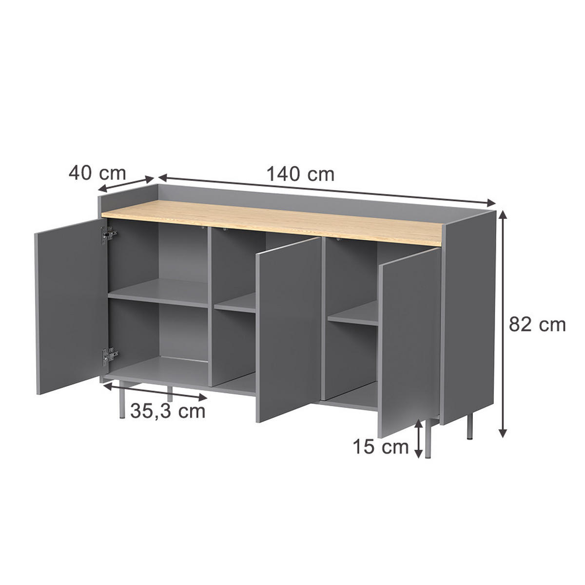 KOMMODE Velina Grau/Eiche 140 x 82 cm mit 6 Fächern - Eichefarben/Grau, Holzwerkstoff (140/82/40cm) - Vicco