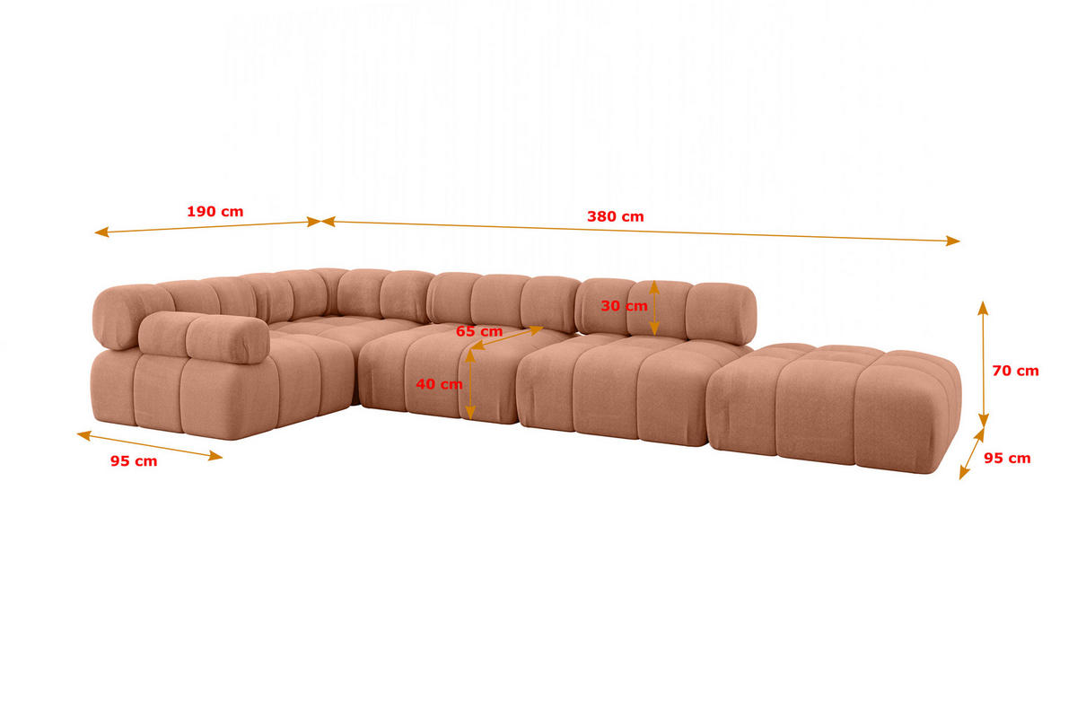 ECKSOFA modulares Sofa Felto-L2 - 380x190x70 cm Apricot Velours - Koralle, Holzwerkstoff/Textil (380/190cm) - ALTDECOR