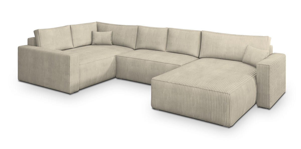 WOHNLANDSCHAFT VELAMI L-S Creme Kordstoff mit Schlaffunktion - Creme, Holz (365/83/194cm) - MASSENO