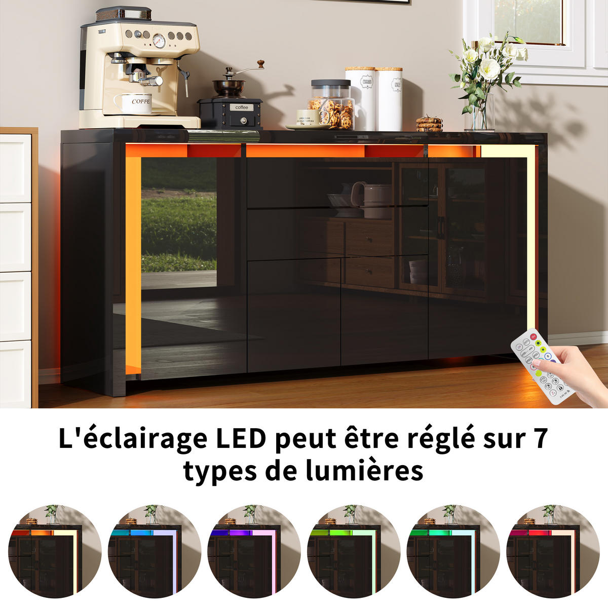 SIDEBOARD 160x35x75 cm 2 Schubladen 4 Türen LED schwarz - Schwarz, Holz (160/75/35cm) - Fortuna Lai