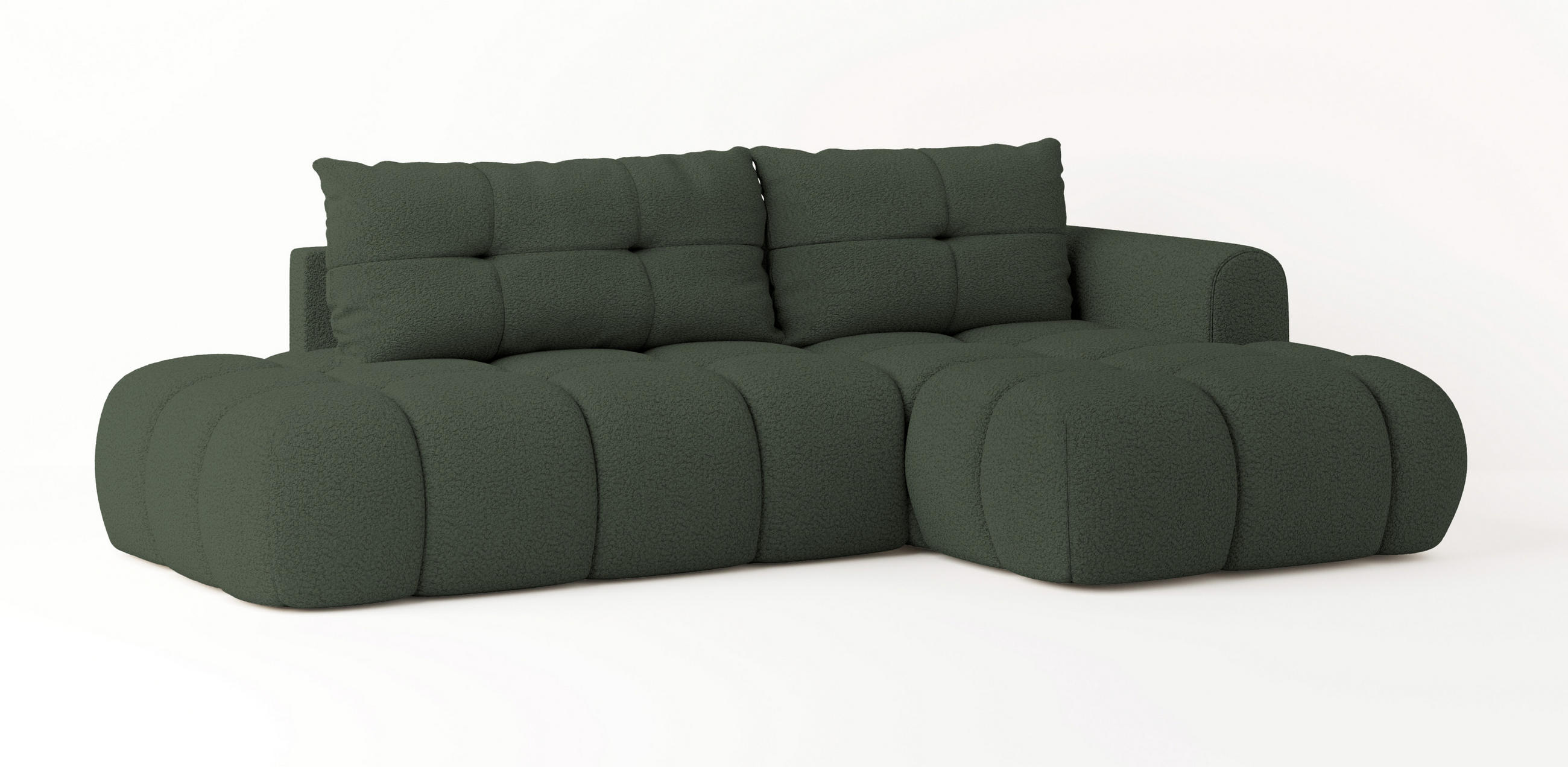 ECKSOFA FLUMA R-S Grün Boucle-Stoff mit Schlaffunktion - Grün, Holz (274/165cm) - MASSENO