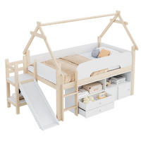 HOCHBETT aus Massivholz und MDF 90x200 cm Natur/Weiß mit Rutsche, Stauraum und Dachrahmen - Weiß, Holz (90/200cm) - Modfu