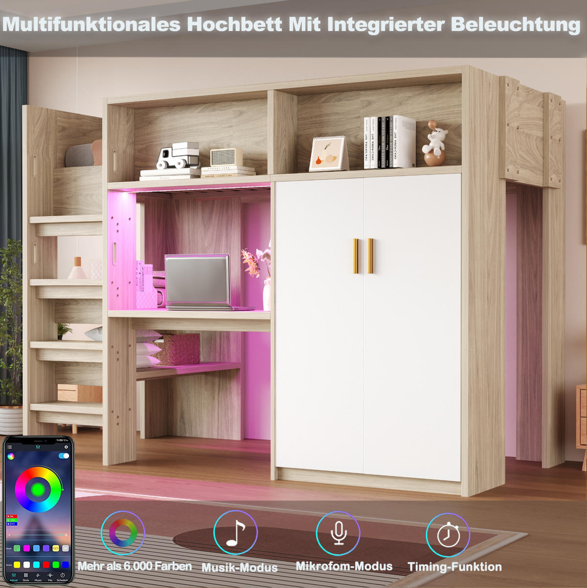 HOCHBETT 90/200 cm Holzfarbe mit Schreibtisch, Kleiderschrank und LED - Naturfarben, Holzwerkstoff (90/200cm) - MIVRAY