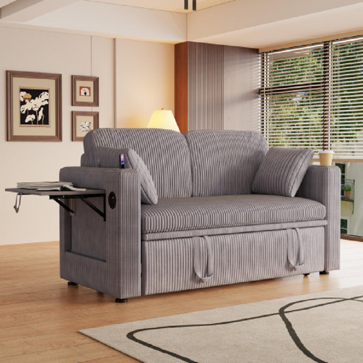2-SITZER SCHLAFSOFA Cord Grau mit Bettkasten, USB und Type-C - Grau, Textil (145/85.5/132cm) - WISHDOR
