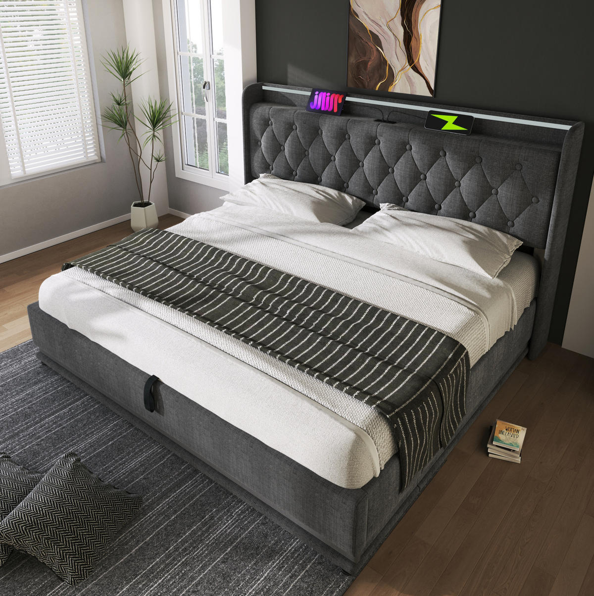 POLSTERBETT 140/200 cm Grau mit Bettkasten, LED-Beleuchtung und Matratze - Grau, Textil (140/200cm) - Flora Grace