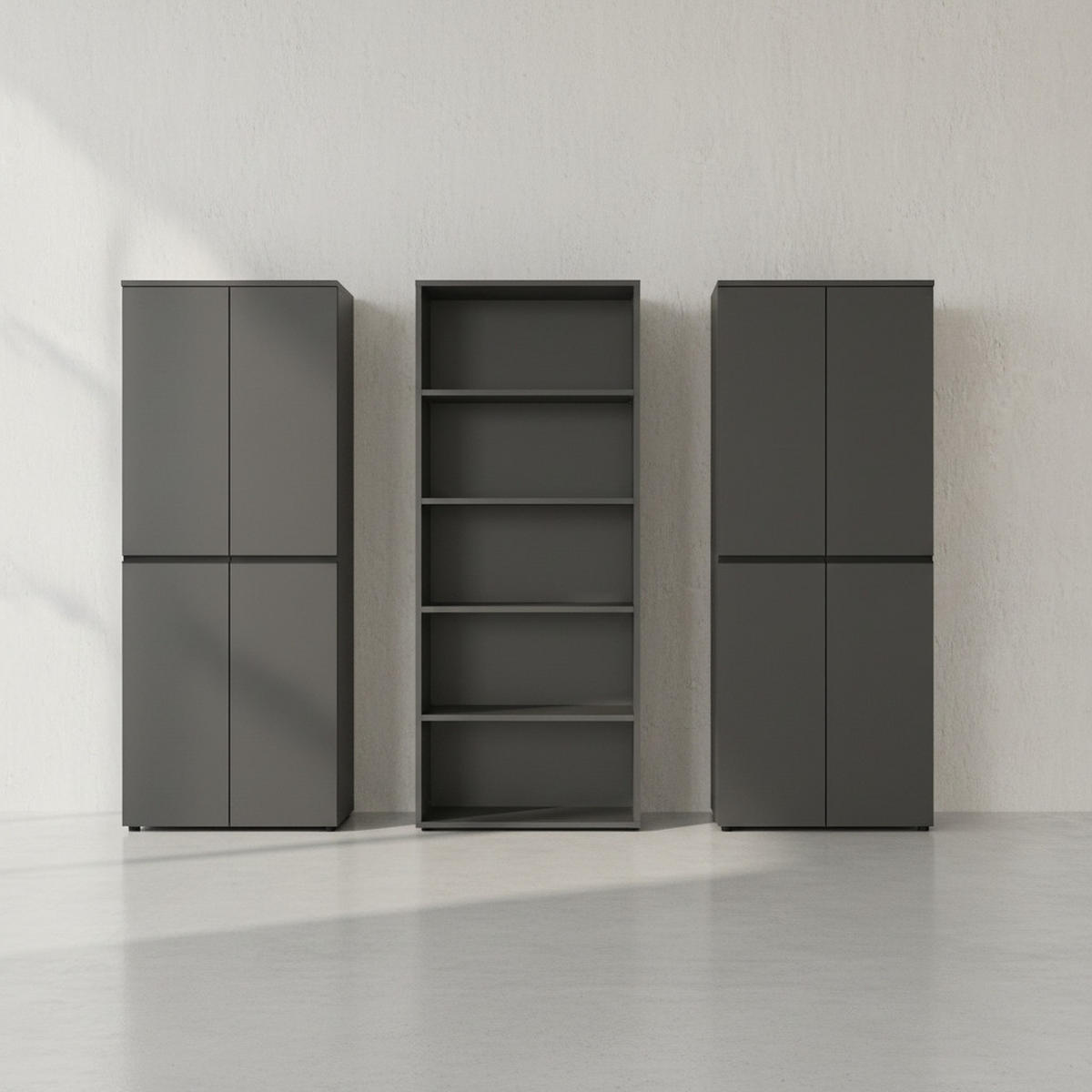 BÜRO-SET "Stuttgart" groß mit 3 Aktenschränke Soft-Close 272x197 cm Graphit - Schwarz, Holzwerkstoff (272/197/40cm) - KADIMA DESIGN