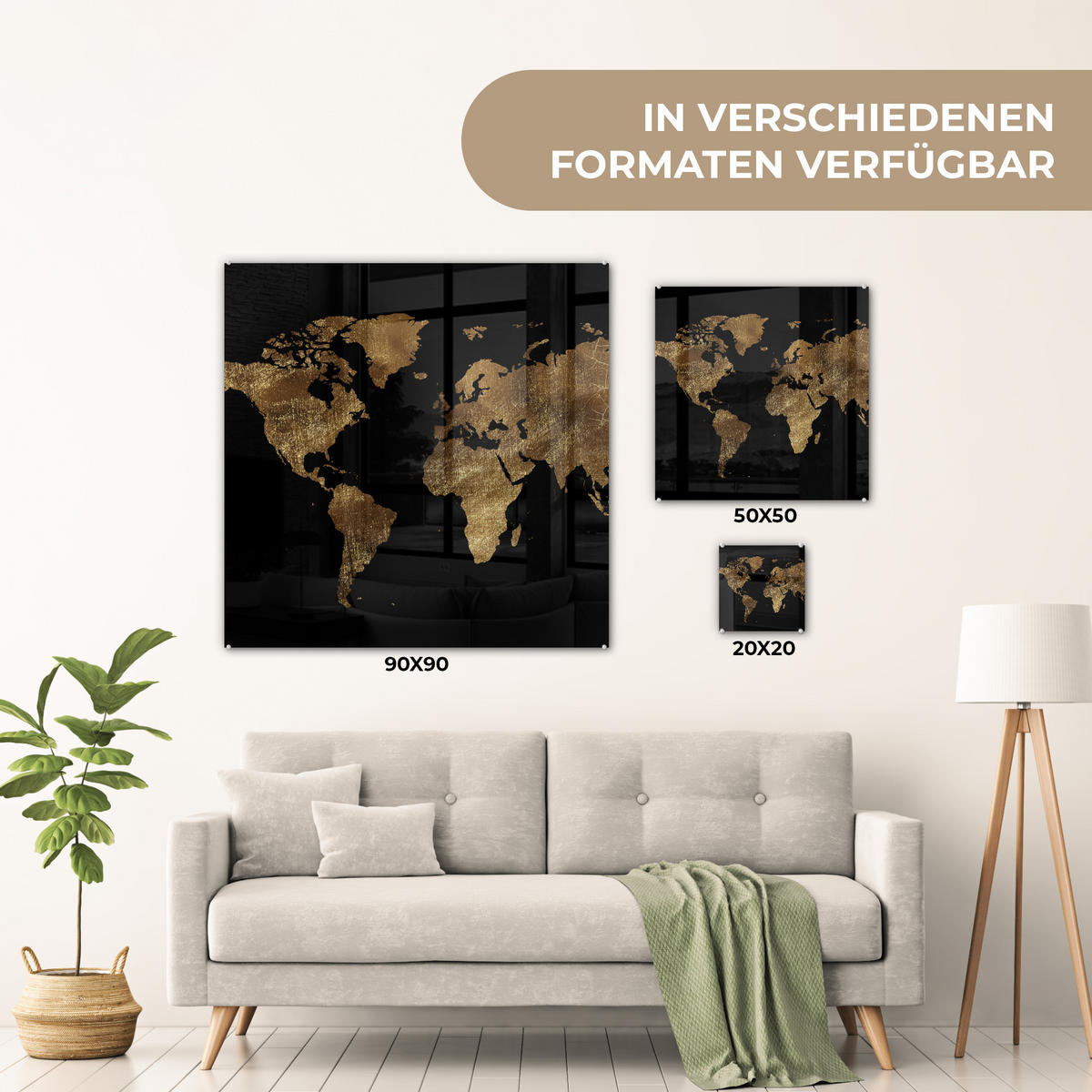 ACRYLGLASBILD Weltkarte - Gold - Luxus - Erde - Schwarz 90x90 cm - Goldfarben, Glas (90/90cm) - MuchoWow