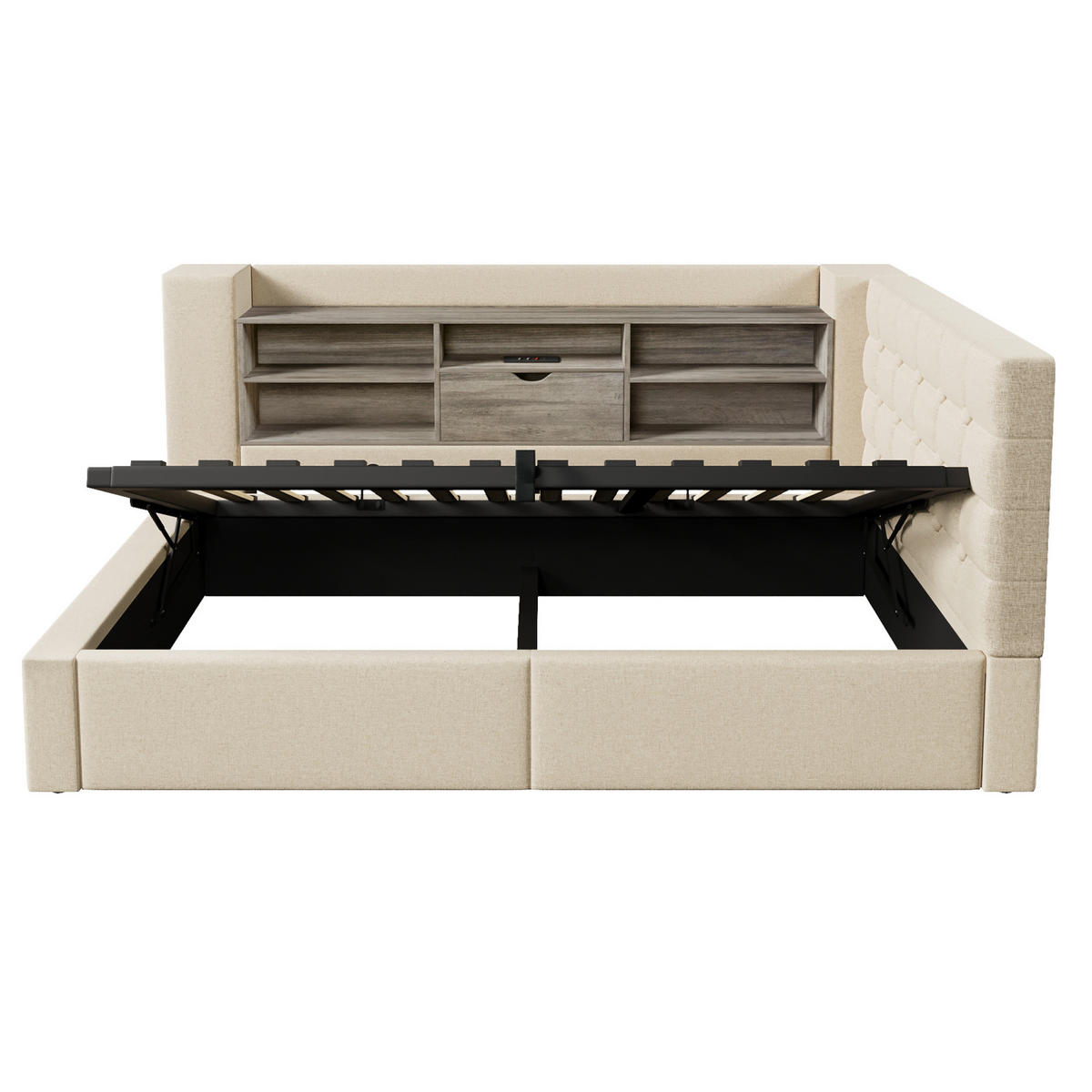POLSTERBETT 90/200 cm Beige mit LED-Beleuchtung, Stauraum und USB-/Type-C-Anschlüssen - Beige, Textil (90/200cm) - Flora Grace