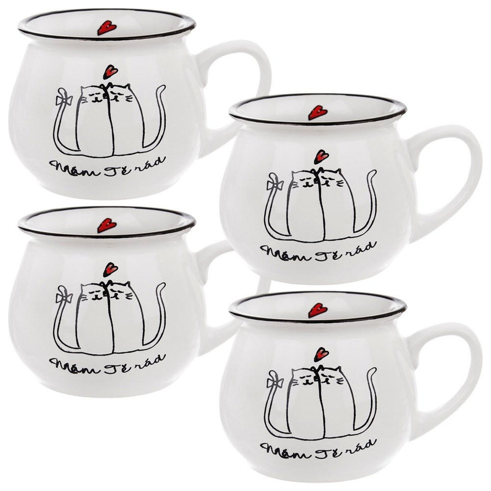 KERAMIKBECHER-SET KATZEN, Keramik, weiß, 4 Stk., 300 ml - Blau, Keramik (0.3L) - Orion 