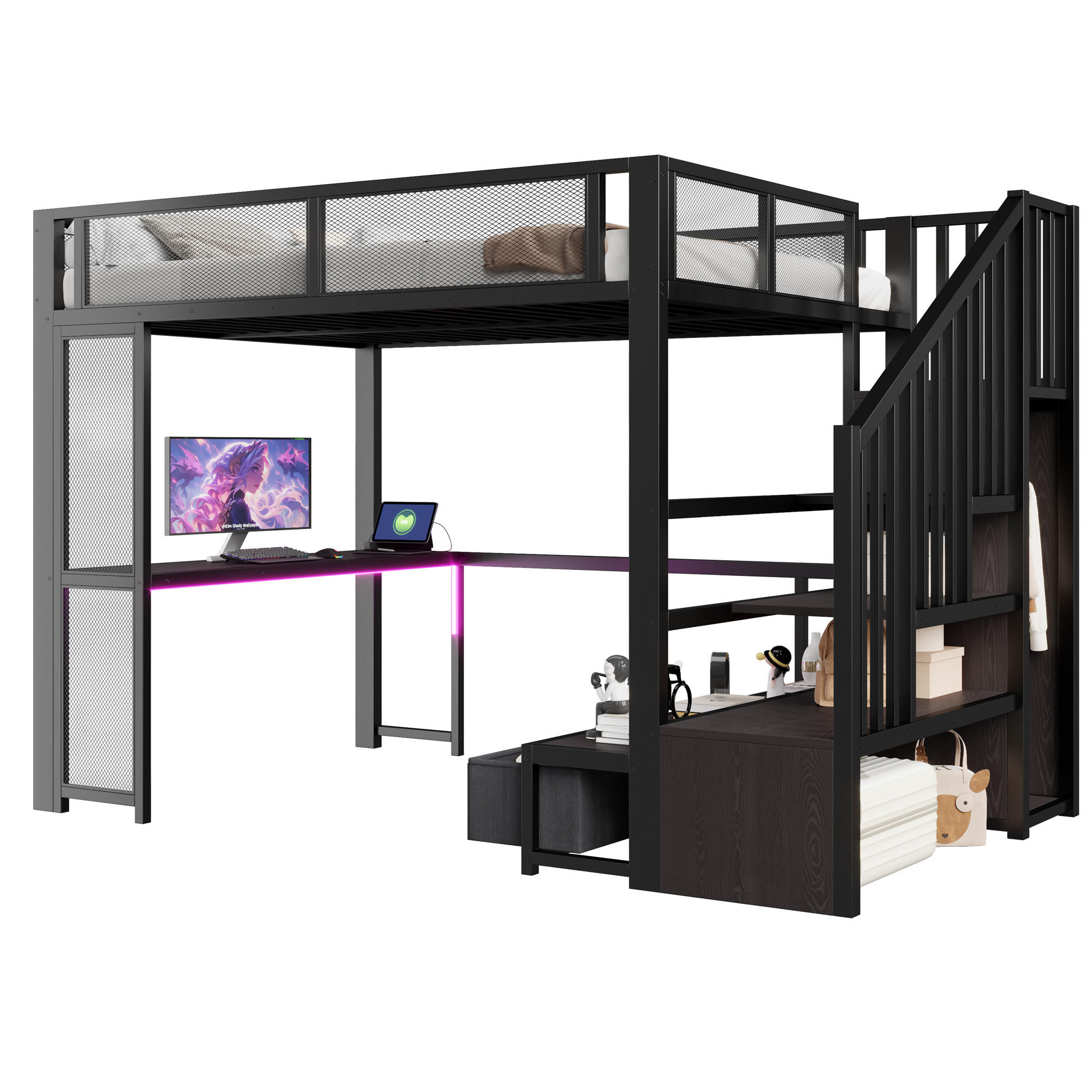 HOCHBETT 140x200 cm mit Treppe/USB-Anschluss und LED-Beleuchtung, Schwarz - Schwarz, Metall (140/200cm) - KOMHTOM