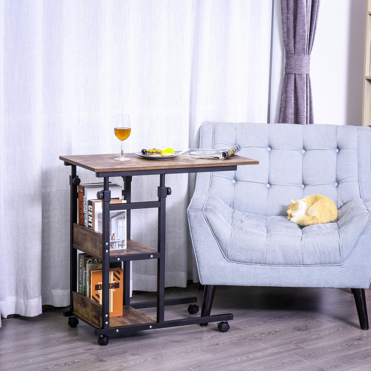BEISTELLTISCH Couchtisch mit Rollen höhenverstellbar 2 untere Regale Esszimmer - Dunkelbraun, Kunststoff (80/40/82cm) - HOMCOM