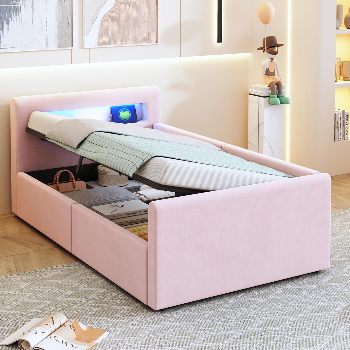 POLSTERBETT mit Stauraum und LED 90x200 cm Samt Rosa - Pink, Metall (90/200cm) - Beauniv