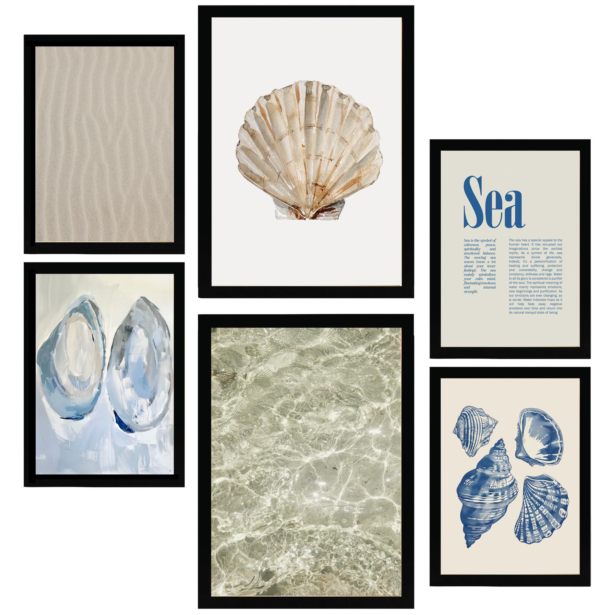 POSTER Set Mit 6 Strand, Meer, Ozean A3 & A4 Schwarzer Rahmen - Schwarz, Papier (29/3cm) - Nacnic