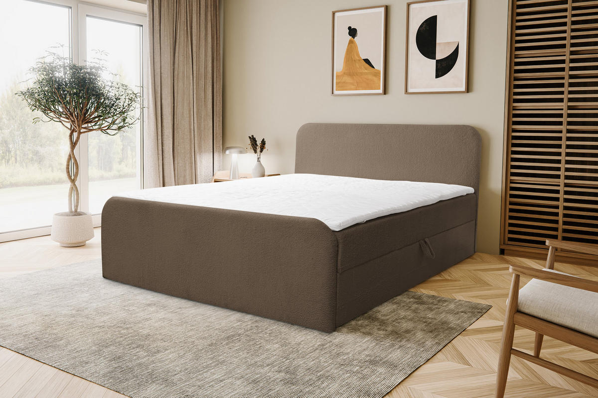 BOXBETT LAMBI mit 2 Bettkästen, 180x200, Farbe: Braun, Bouclé-Stoff, mit Bonell-Matratze inkl. Topper - Braun, Holz/Kunststoff (180/200cm) - VENASI MÖBEL