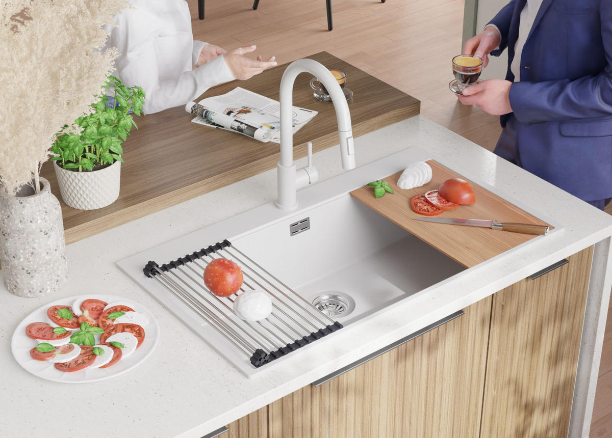 SPÜLBECKEN Oslo, 2-er set Weiß 88/50 cm 1 Becken + Ablauf-Set + Schneidebrett ab 90er Unterschrank - Chromfarben/Beige, Kunststoff (88/20/50cm) - Primagran