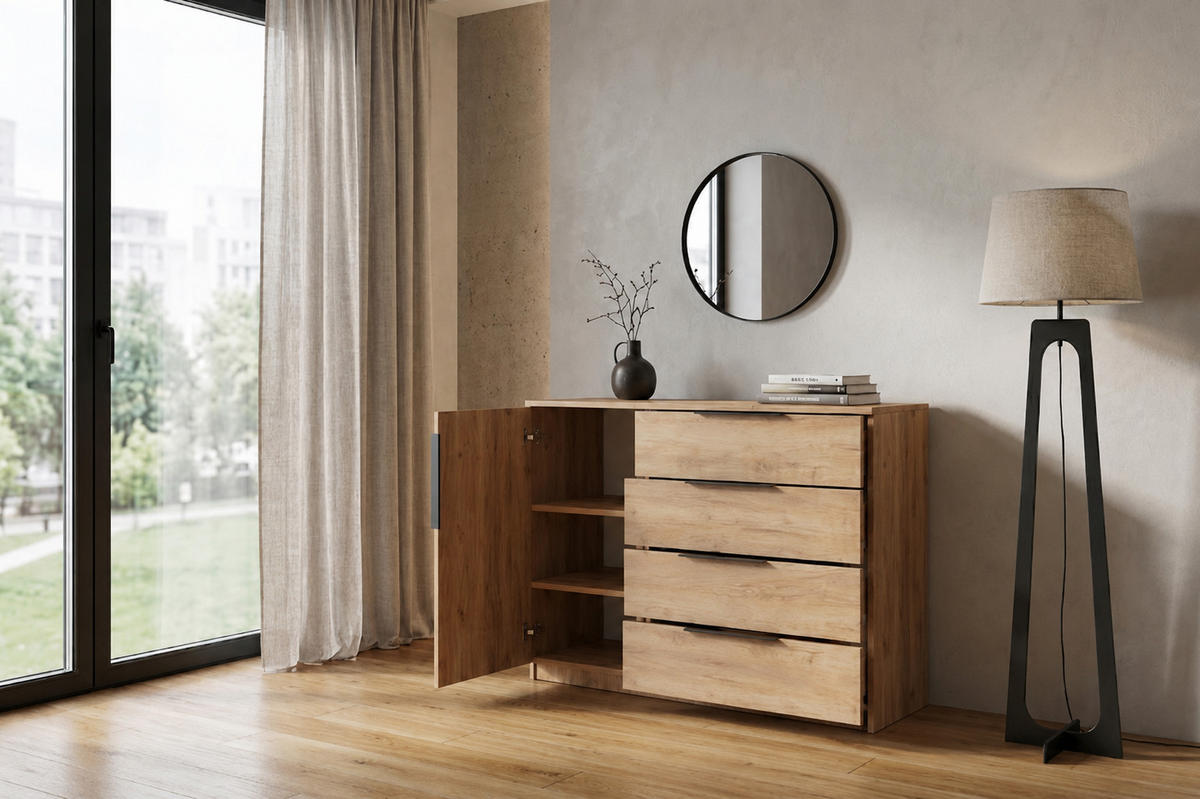 KOMMODE Sorento - Craft Gold, Lamellen Schwarz - 120 x 48 x 89 cm - Eichefarben, Holzwerkstoff (48/89/120cm) - BM-Möbel