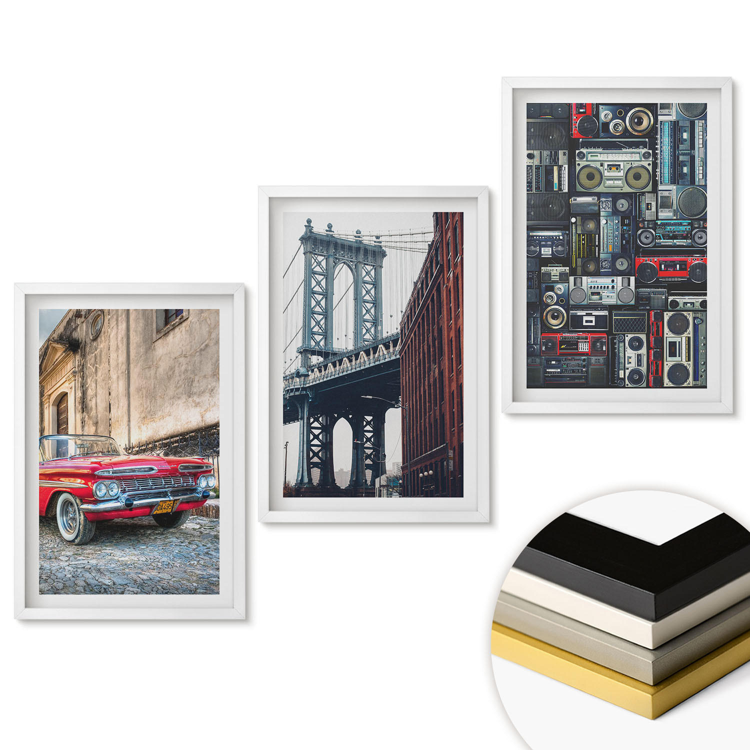 WANDBILDER 3er-Set - 40x60 cm Weißer Rahmen - Alte Autobrücke Brooklyn Retro-Audio - Weiß, Kunststoff (40/60cm) - ArtPrintCave