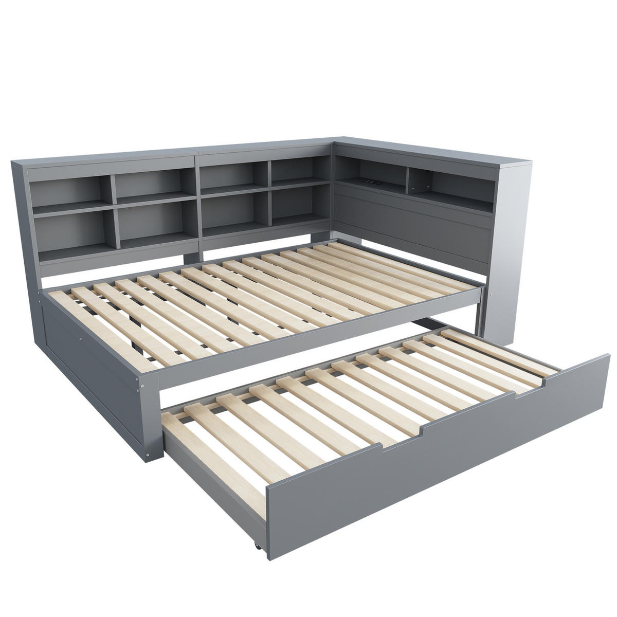 SCHLAFSOFA aus Kiefernholz 140x200 cm Grau mit Ausziehbett, USB-Steckdose und Stauraum - Grau, Holzwerkstoff (140/200cm) - IVMEU
