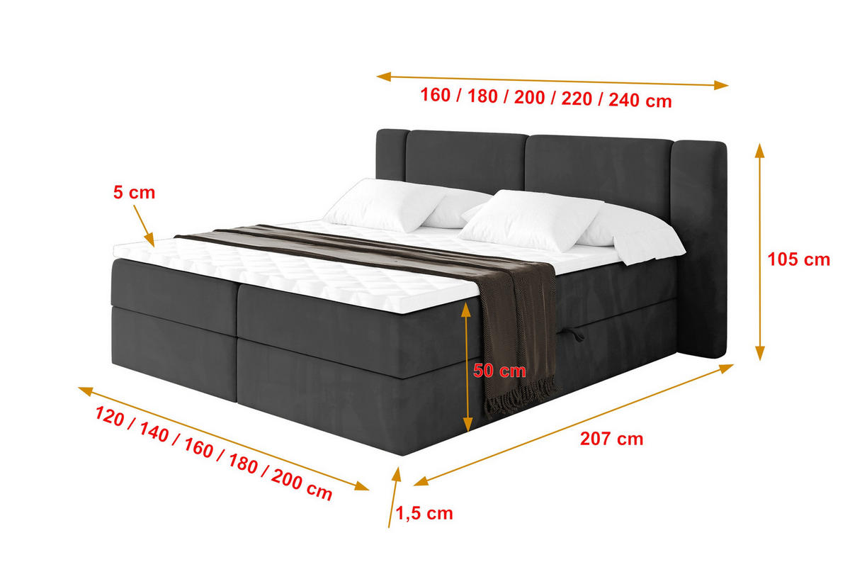 BOXBETT mit Matratze H3 - EVON - 140x200 cm Schwarz - Schwarz, Holzwerkstoff (140/200cm) - ALTDECOR
