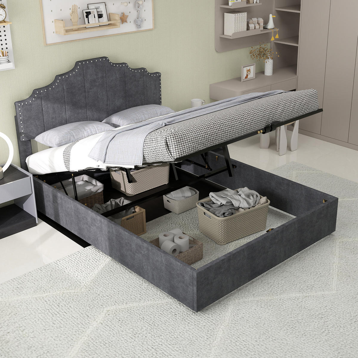 POLSTERBETT 160x200 cm Samt Stauraum hydraulisch grau - Grau, Textil (160/200cm) - LEBENLANG
