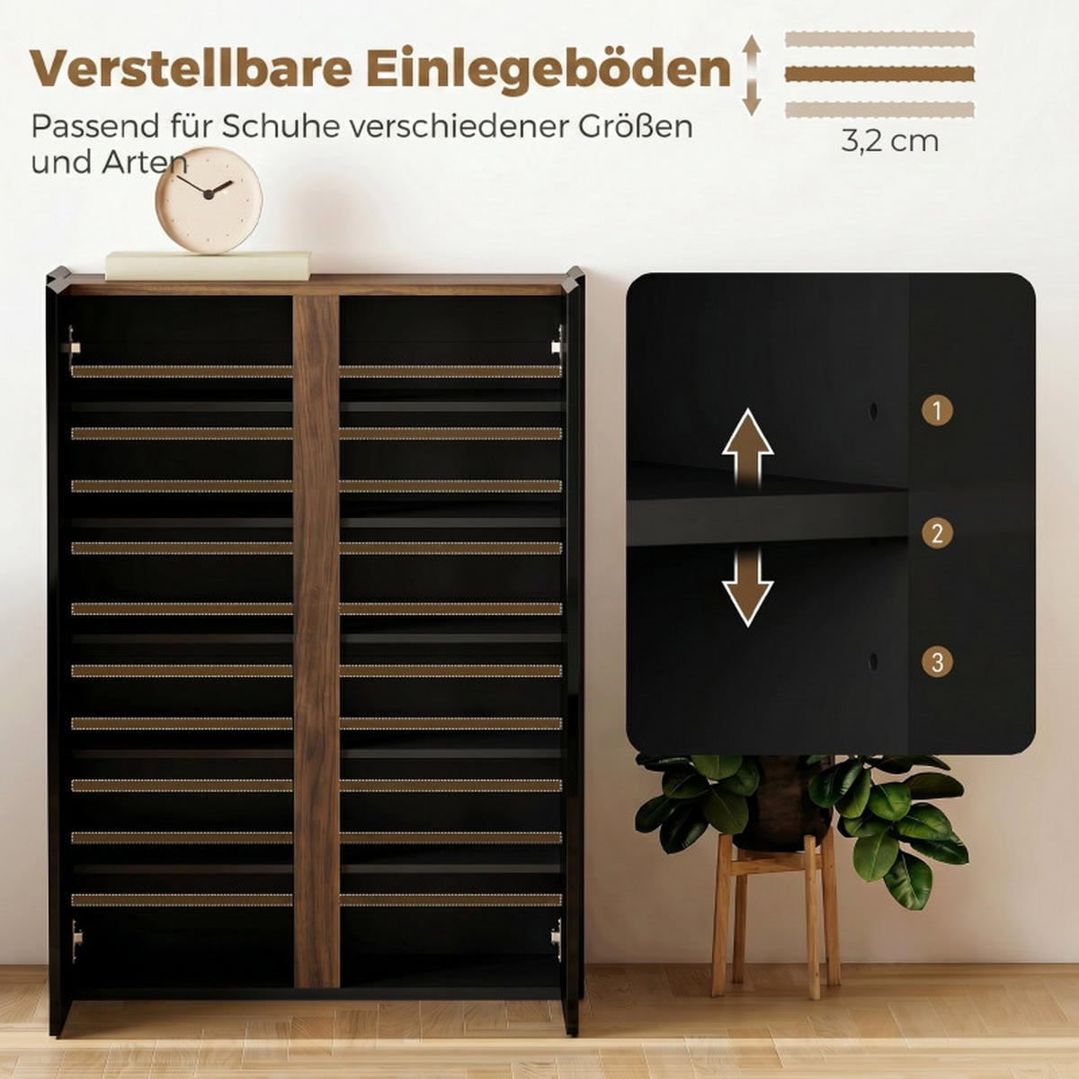 SCHUHSCHRANK DE-38044 6 Ebenen mit Soft-Close Hochglanz Schwarz - Schwarz, Holzwerkstoff (70/95/33.5cm) - ComfortXL