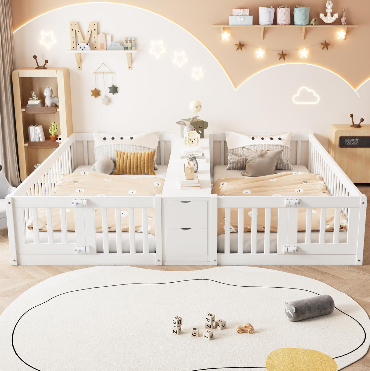 BETT mit 2 Liegeflächen 90 x 200 cm und Stauraum Weiß - Weiß, Holzwerkstoff (90/200cm) - Beauniv