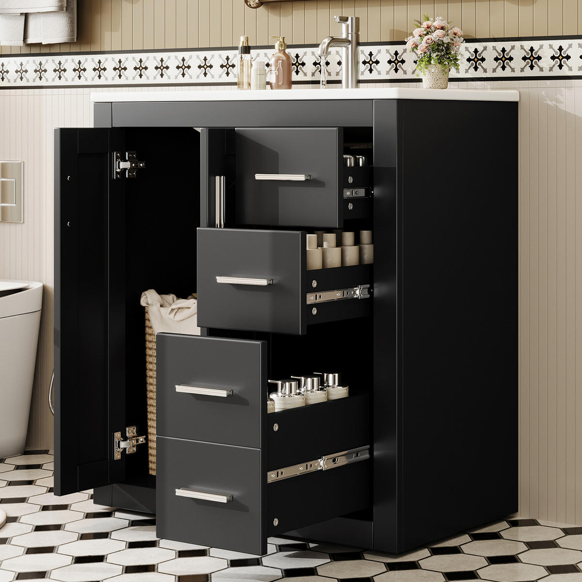 WASCHBECKENUNTERSCHRANK Badezimmer Unterschrank mit Keramikbecken, 3 Schubladen und Soft-Close,Schwarz Waschbecken - Schwarz, Keramik/Holzwerkstoff (76/85.5/46.5cm) - EVRYAE