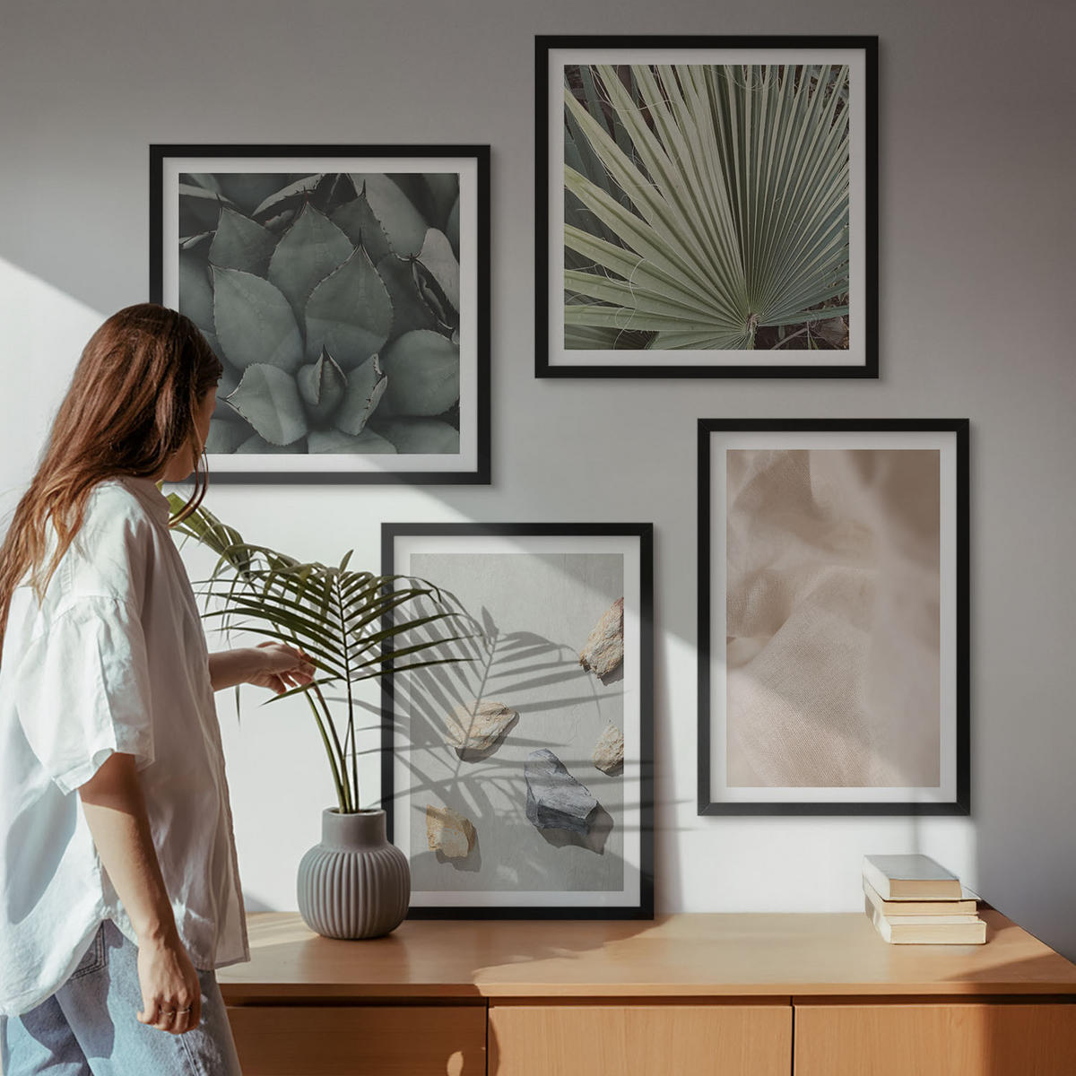 WANDBILDER 4er-Set - 50x50 cm & 40x60 cm Schwarzer Rahmen - Steine, Holz, Stofftexturen - Schwarz, Kunststoff (50/50cm) - ArtPrintCave