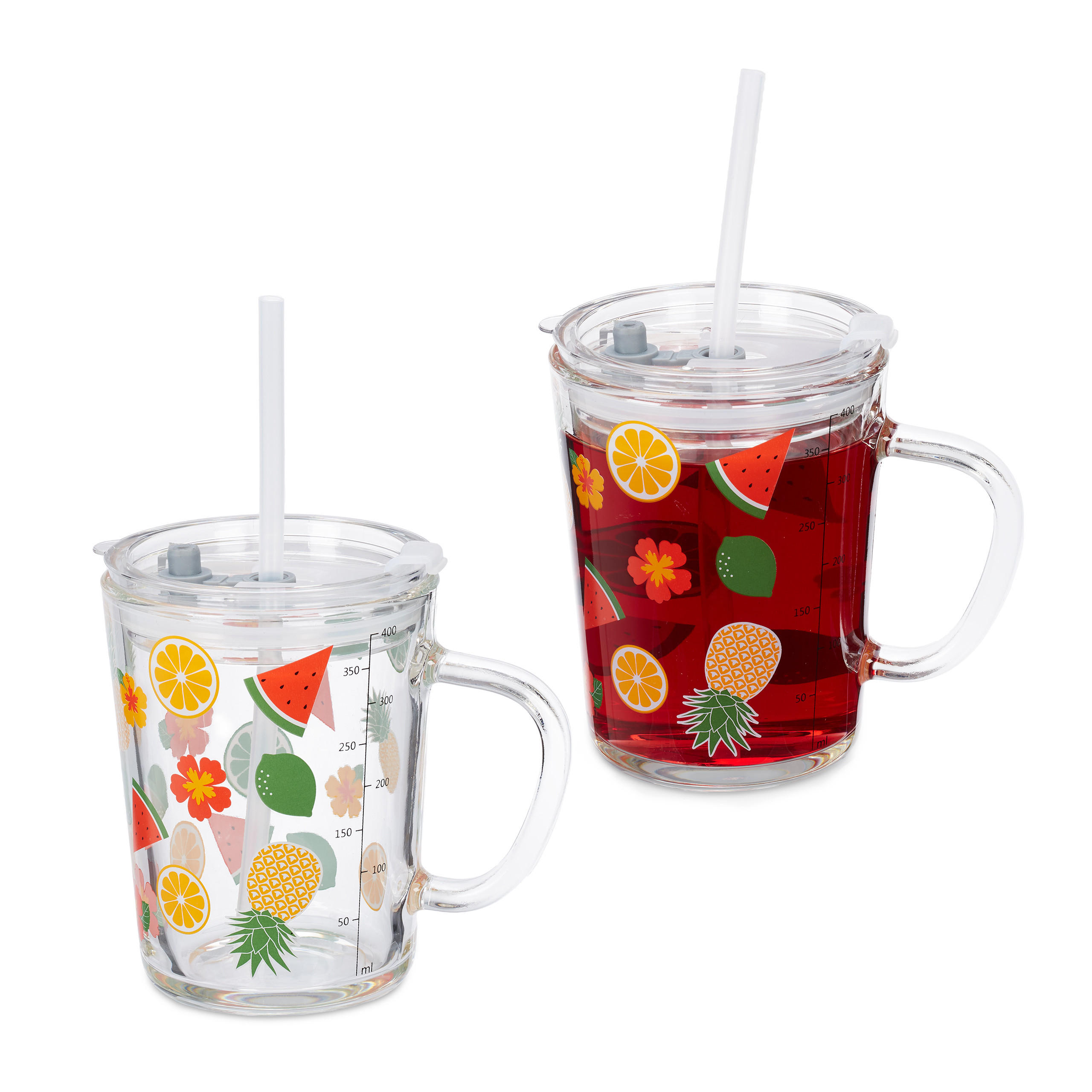 GLAS Transparent 2-pack med lock och sugrör 400 ml - Transparent, Glas/Plast (0.4L) - Relaxdays